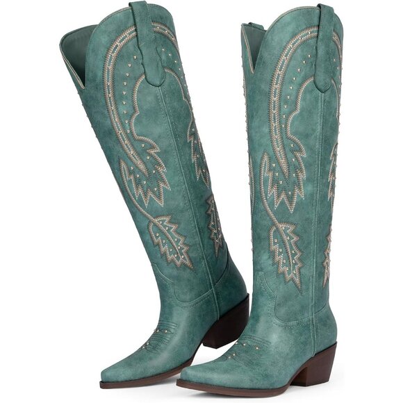 Women's Blue Knee High Rhinestone Cowgirl Boots Pointed Toe Slip on Chunky Heel - Picture 4 of 6